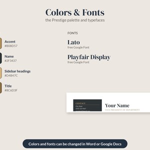 Pu&ograve; includere: Una guida al branding con il testo Colors & Fonts, la palette Prestige e i caratteri tipografici. Elenca quattro campioni di colore con codici esadecimali, i font Lato e Playfair Display, un esempio di biglietto da visita e un pulsante che indica che colori e font possono essere modificati in Word o Google Docs.
