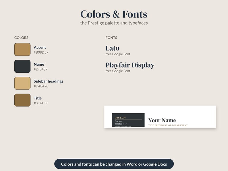 Pu&ograve; includere: Una guida al branding con il testo Colors & Fonts, la palette Prestige e i caratteri tipografici. Elenca quattro campioni di colore con codici esadecimali, i font Lato e Playfair Display, un esempio di biglietto da visita e un pulsante che indica che colori e font possono essere modificati in Word o Google Docs.