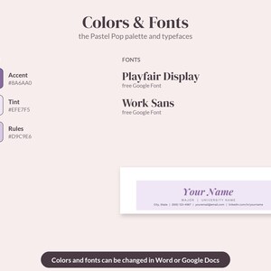Op de afbeelding: Een brandinggids getiteld Colors & Fonts met het Pastel Pop-palet. Het bevat de lettertypes Playfair Display en Work Sans, toont kleurstalen met hex-codes en een voorbeeld van een visitekaartje met de tekst Your Name.