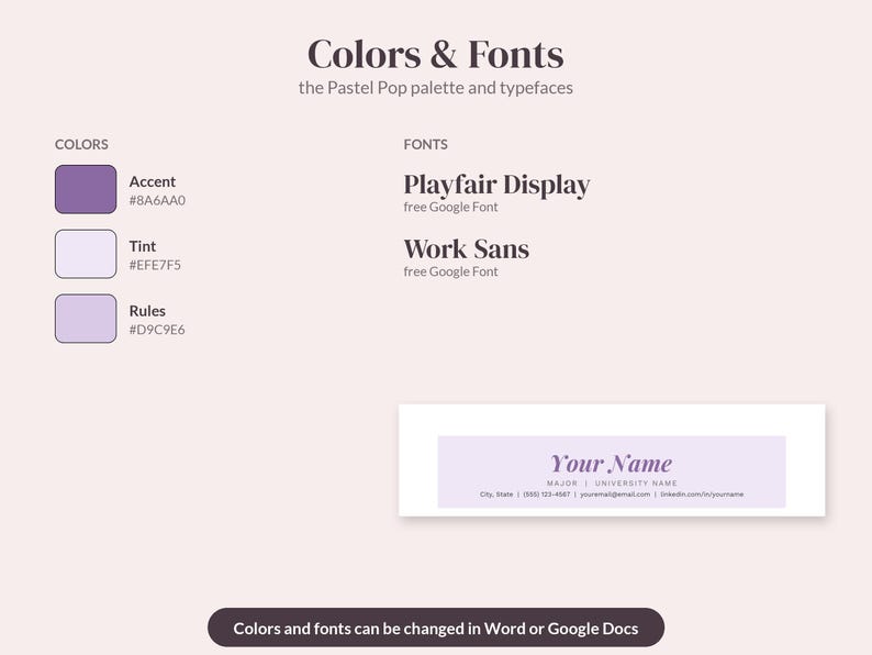 Op de afbeelding: Een brandinggids getiteld Colors & Fonts met het Pastel Pop-palet. Het bevat de lettertypes Playfair Display en Work Sans, toont kleurstalen met hex-codes en een voorbeeld van een visitekaartje met de tekst Your Name.