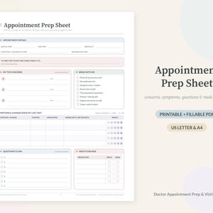 May include: A white Appointment Prep Sheet document featuring sections for appointment details, top concerns, symptoms, questions to ask, and medications to review. The layout includes checkboxes, lines for writing, and a table for tracking symptoms.