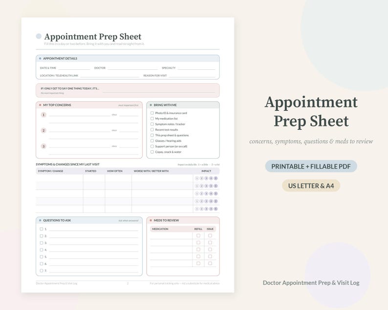 May include: A white Appointment Prep Sheet document featuring sections for appointment details, top concerns, symptoms, questions to ask, and medications to review. The layout includes checkboxes, lines for writing, and a table for tracking symptoms.