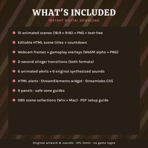 Op de afbeelding: Een digitale download-infographic met de titel WHAT'S INCLUDED. Het bevat 10 geanimeerde sc&egrave;nes, bewerkbare HTML-titels, webcamframes, stinger-overgangen, 6 geanimeerde waarschuwingen met geluiden, HTML-waarschuwingen, 9 panelen en OBS-sc&egrave;necollecties.