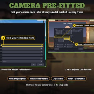 May include: An instructional graphic titled CAMERA PRE-FITTED showing software interface windows with yellow highlighted text including Pick your camera here, Bounds: Cover, and Crop to Bounds ticked. Includes setup steps for camera adjustment.