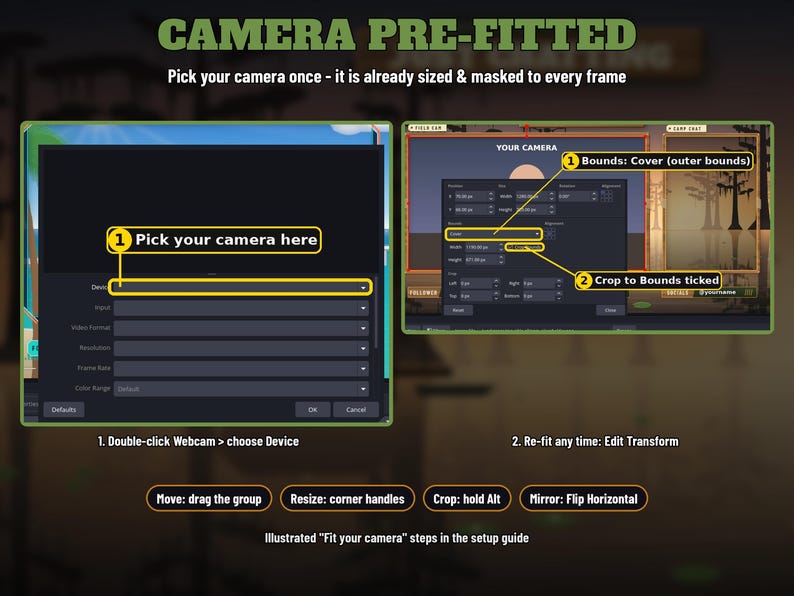 May include: An instructional graphic titled CAMERA PRE-FITTED showing software interface windows with yellow highlighted text including Pick your camera here, Bounds: Cover, and Crop to Bounds ticked. Includes setup steps for camera adjustment.