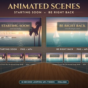 Puede incluir: Escenas digitales animadas para streaming que muestran un puerto al atardecer con yates y veleros. El texto incluye ANIMATED SCENES, STARTING SOON, BE RIGHT BACK, DOCKSIDE, GOING LIVE, ANCHORED, BACK SHORTLY y 10-SECOND LOOPING MP4 VIDEOS 1920x1080.