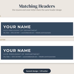 May include: Two rectangular resume and cover letter headers with a dark blue background and white text. The text includes placeholders for name, job title, city, state, phone number, email address, and LinkedIn profile URL.
