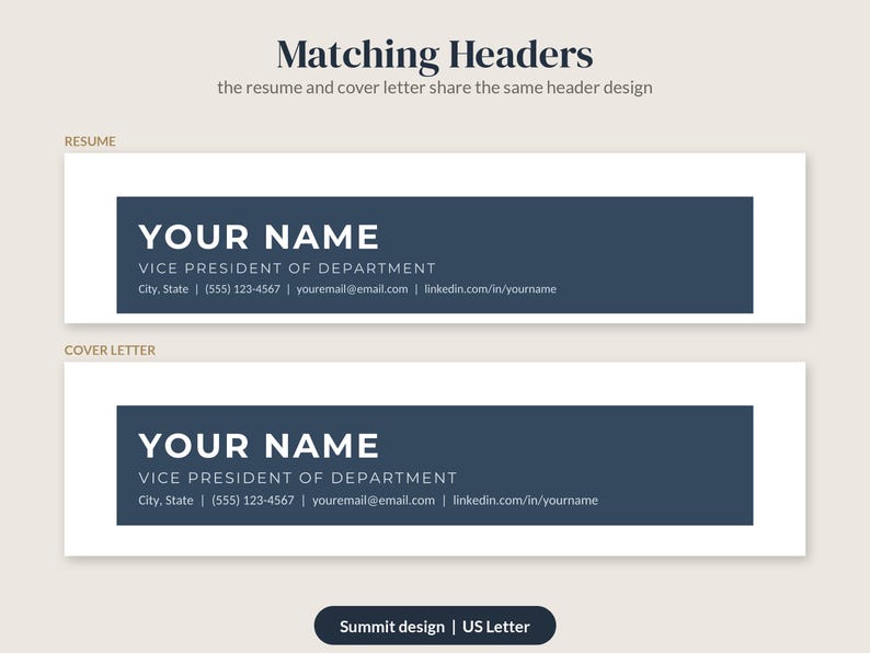 May include: Two rectangular resume and cover letter headers with a dark blue background and white text. The text includes placeholders for name, job title, city, state, phone number, email address, and LinkedIn profile URL.