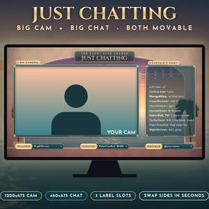 Puede incluir: Una superposici&oacute;n de streaming digital para monitor con tem&aacute;tica de club de yates al atardecer. Incluye un marco de c&aacute;mara grande etiquetado como YOUR CAM, un cuadro de chat titulado CAPTAIN'S CHAT y tres espacios para etiquetas de informaci&oacute;n.