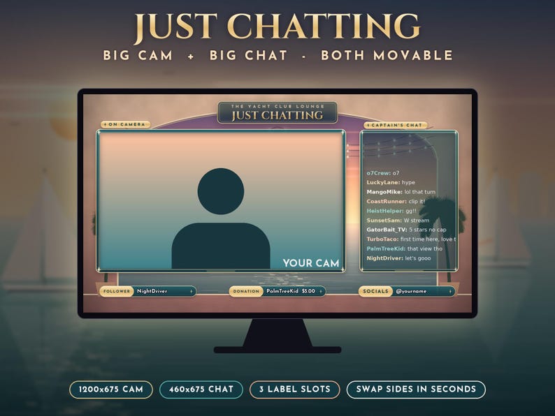 Puede incluir: Una superposici&oacute;n de streaming digital para monitor con tem&aacute;tica de club de yates al atardecer. Incluye un marco de c&aacute;mara grande etiquetado como YOUR CAM, un cuadro de chat titulado CAPTAIN'S CHAT y tres espacios para etiquetas de informaci&oacute;n.