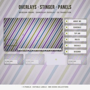 May include: A digital streaming overlay set featuring diagonal stripes in purple, blue, and green. Includes a large gameplay frame, six rectangular panels labeled About Me, Schedule, Tip Jar, Rules, Socials, Discord, and Be Right Back screens.