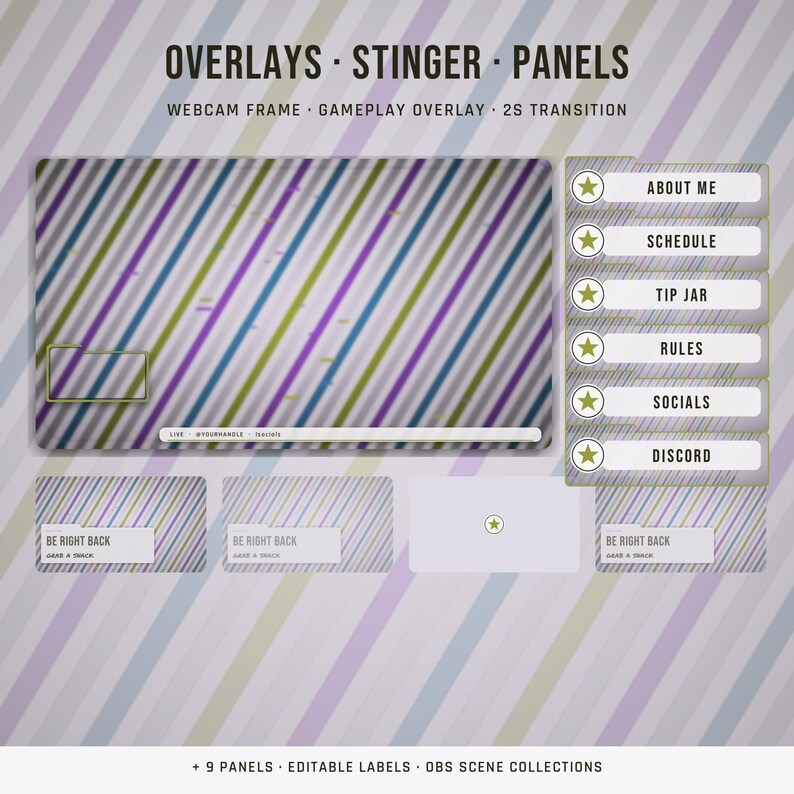 May include: A digital streaming overlay set featuring diagonal stripes in purple, blue, and green. Includes a large gameplay frame, six rectangular panels labeled About Me, Schedule, Tip Jar, Rules, Socials, Discord, and Be Right Back screens.