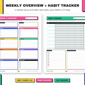 May include: A two-page printable planner layout featuring a Weekly Overview and a Habit Tracker. The Weekly Overview includes sections for each day of the week with checkboxes, while the Habit Tracker displays a grid for 31 days.