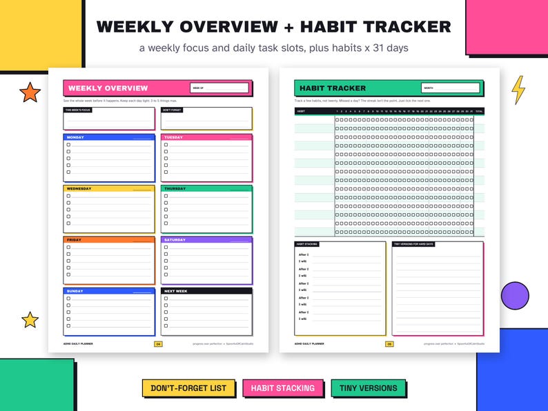 May include: A two-page printable planner layout featuring a Weekly Overview and a Habit Tracker. The Weekly Overview includes sections for each day of the week with checkboxes, while the Habit Tracker displays a grid for 31 days.