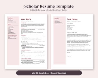Scholar Student Resume Template + Cover Letter, College Internship Resume, Word & Google Docs