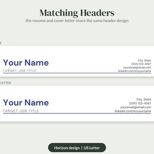K&ouml;nnte beinhalten: Eine digitale Vorlage mit passenden Kopfzeilen f&uuml;r einen Lebenslauf und ein Anschreiben. Der Text enth&auml;lt Matching Headers, Resume, Cover Letter, Your Name, Target Job Title, Kontaktdaten und Horizon design | US Letter.