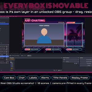 May include: A digital OBS Studio interface overlay template featuring a Just Chatting scene with customizable boxes for camera, chat, and labels. The design includes neon pink and blue accents, text elements like 'JUST CHATTING', 'YOUR CAMERA', and 'LIVE CHAT', and a grid background.