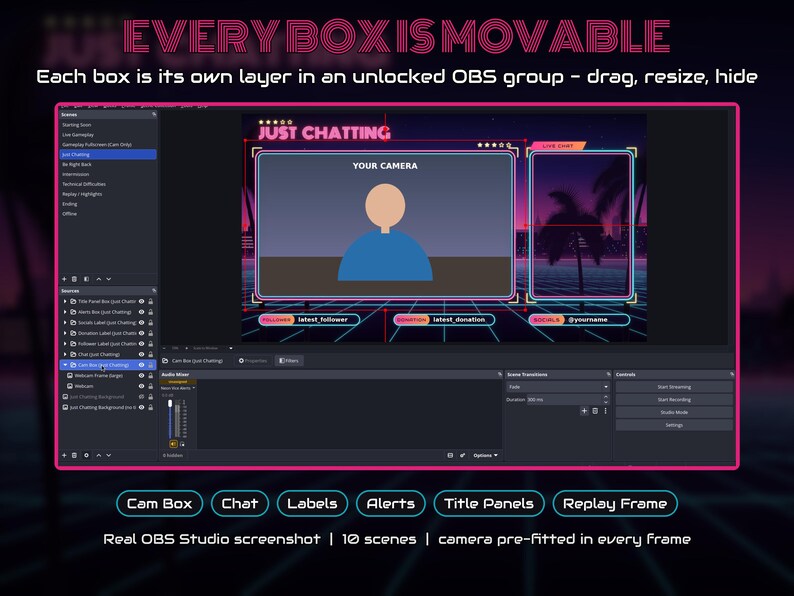 May include: A digital OBS Studio interface overlay template featuring a Just Chatting scene with customizable boxes for camera, chat, and labels. The design includes neon pink and blue accents, text elements like 'JUST CHATTING', 'YOUR CAMERA', and 'LIVE CHAT', and a grid background.