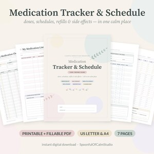 May include: A digital medication tracker and schedule planner set featuring seven pages with soft pastel accents. The cover page displays the text Medication Tracker & Schedule, with sections for daily checklists, refill logs, and side effect notes.