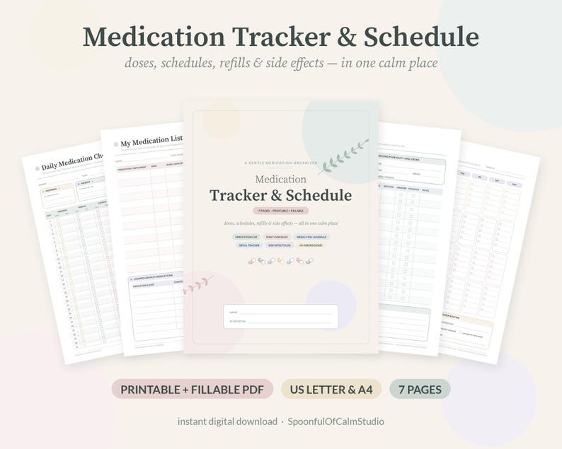 May include: A digital medication tracker and schedule planner set featuring seven pages with soft pastel accents. The cover page displays the text Medication Tracker & Schedule, with sections for daily checklists, refill logs, and side effect notes.