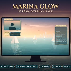 Puede incluir: Paquete de superposiciones de transmisi&oacute;n Marina Glow para monitores con una escena de puerto al atardecer y veleros. Incluye una ventana de c&aacute;mara, rastreadores de seguidores y donaciones, y una ventana de chat llamada Captain's Chat.