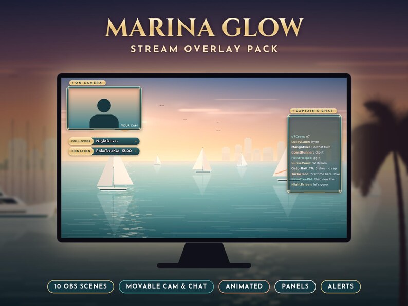 Puede incluir: Paquete de superposiciones de transmisi&oacute;n Marina Glow para monitores con una escena de puerto al atardecer y veleros. Incluye una ventana de c&aacute;mara, rastreadores de seguidores y donaciones, y una ventana de chat llamada Captain's Chat.