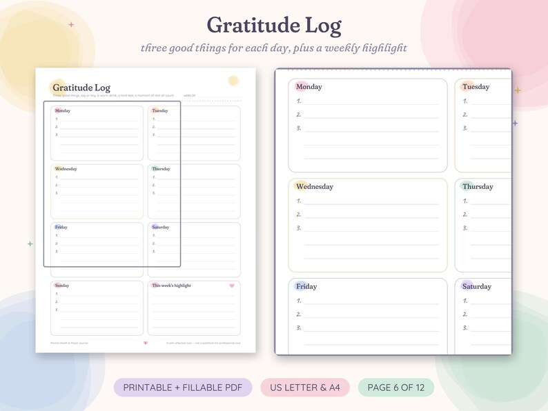 May include: A Gratitude Log printable PDF featuring two pages with sections for each day of the week, labeled Monday through Sunday, with three numbered lines for daily entries and a space for a weekly highlight, plus text reading Printable + Fillable PDF, US Letter & A4, Page 6 of 12.