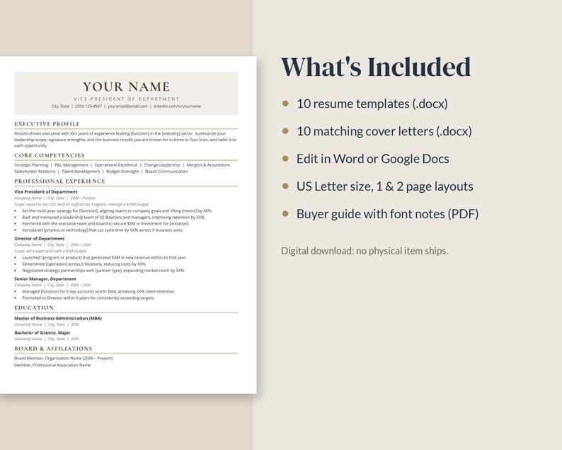 May include: A digital resume template set featuring a clean layout with sections for contact info, executive profile, core competencies, professional experience, education, and board affiliations, plus a list of included files.