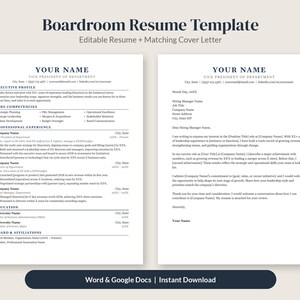 May include: A Boardroom Resume Template featuring an editable resume and matching cover letter. The document includes sections for executive profile, core competencies, professional experience, education, and board affiliations.