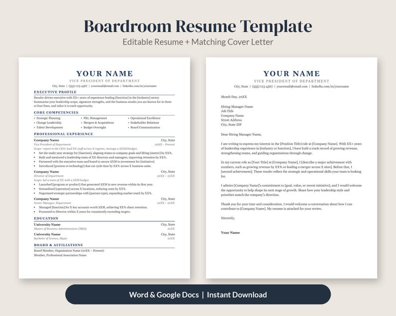 May include: A Boardroom Resume Template featuring an editable resume and matching cover letter. The document includes sections for executive profile, core competencies, professional experience, education, and board affiliations.