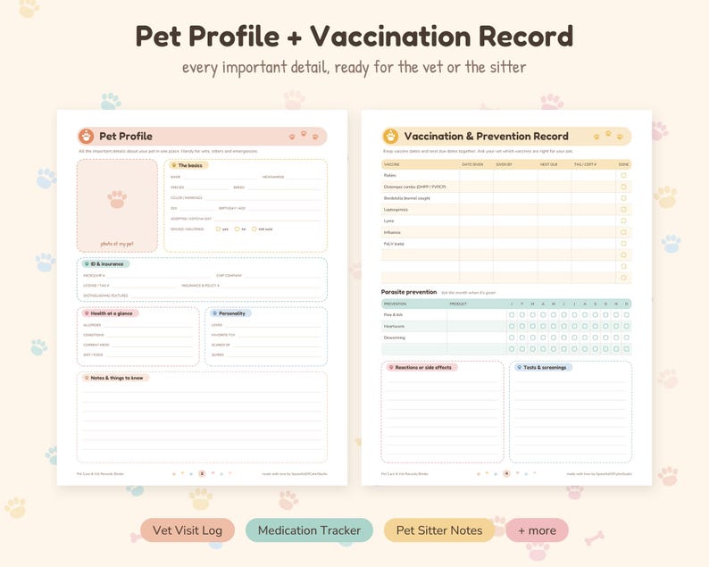 May include: A printable pet profile and vaccination record document set. The left page includes sections for pet details, ID, insurance, health, and personality. The right page features a vaccination and parasite prevention tracker.
