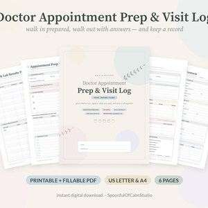 May include: A Doctor Appointment Prep & Visit Log digital planner set featuring six pages with forms for test results, appointment details, and contacts. The pages include text fields, checkboxes, and soft pastel circular accents on a white background.