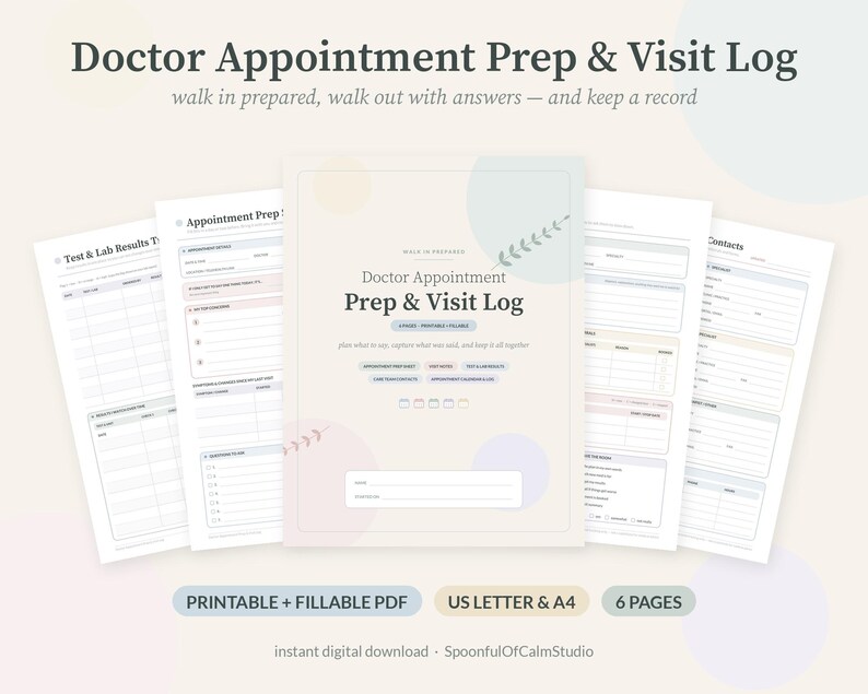 May include: A Doctor Appointment Prep & Visit Log digital planner set featuring six pages with forms for test results, appointment details, and contacts. The pages include text fields, checkboxes, and soft pastel circular accents on a white background.