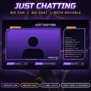 Może przedstawiać: Cyfrowy szablon nakładki do streamingu w kolorystyce fioletowo-czarnej z tekstem JUST CHATTING, DRIVER CAM, PIT RADIO, FOLLOWER, DONATION oraz SOCIALS. Zawiera dużą ramkę na kamerę oraz okno czatu do wyświetlania wiadomości.