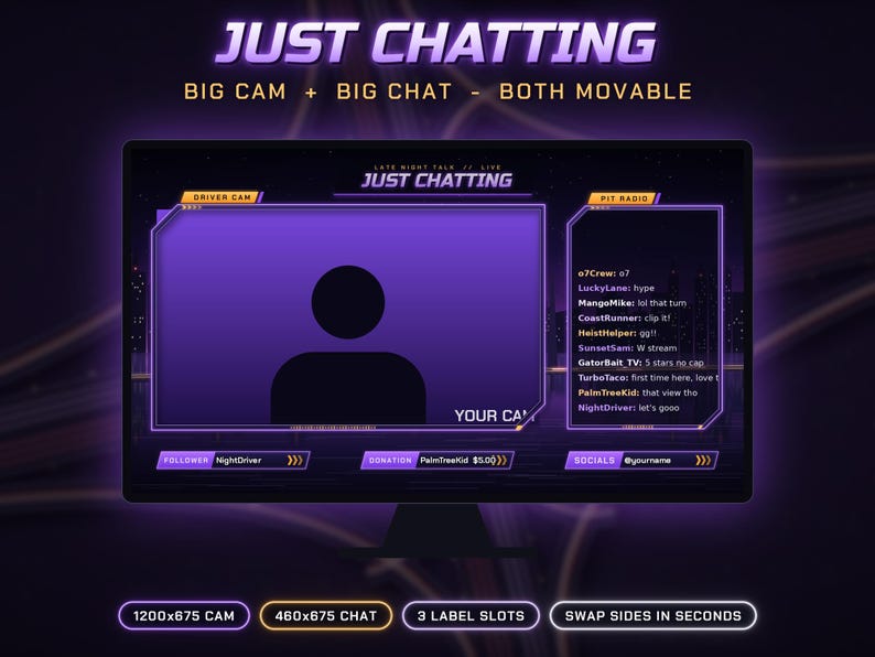 Może przedstawiać: Cyfrowy szablon nakładki do streamingu w kolorystyce fioletowo-czarnej z tekstem JUST CHATTING, DRIVER CAM, PIT RADIO, FOLLOWER, DONATION oraz SOCIALS. Zawiera dużą ramkę na kamerę oraz okno czatu do wyświetlania wiadomości.