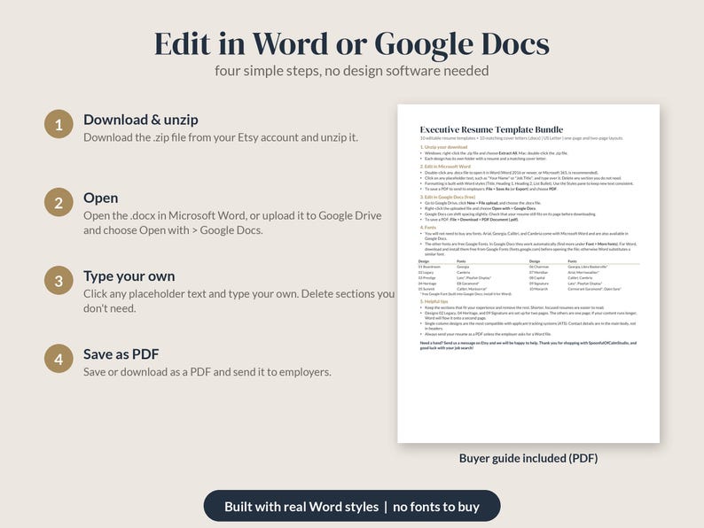 May include: An instructional graphic for an Executive Resume Template Bundle. It outlines four steps: download and unzip, open in Word or Google Docs, type your own text, and save as PDF. A document preview and a buyer guide note are included.