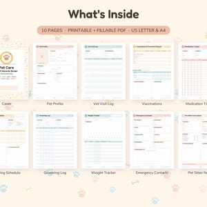 May include: A digital pet care and vet records binder set featuring 10 printable and fillable pages in A4 size. Includes a cover, pet profile, vet visit log, vaccination record, medication tracker, feeding schedule, grooming log, weight tracker, emergency contacts, and pet sitter notes.