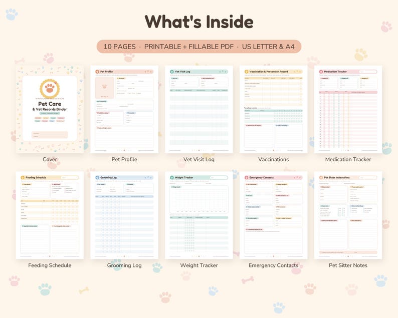 May include: A digital pet care and vet records binder set featuring 10 printable and fillable pages in A4 size. Includes a cover, pet profile, vet visit log, vaccination record, medication tracker, feeding schedule, grooming log, weight tracker, emergency contacts, and pet sitter notes.