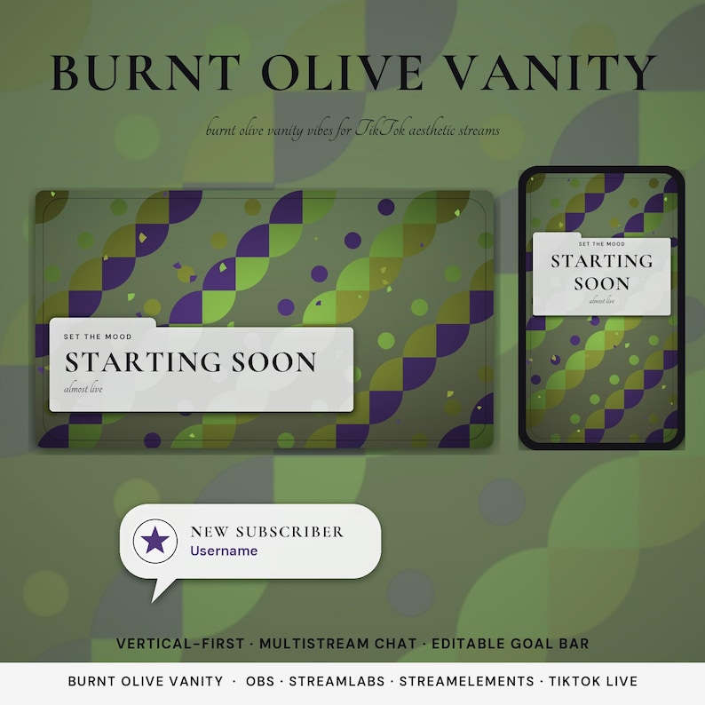 May include: A digital streaming overlay set featuring a burnt olive, dark green, and purple geometric pattern. Includes rectangular frames with the text STARTING SOON, a speech bubble with NEW SUBSCRIBER, and labels for OBS, Streamlabs, and TikTok Live.