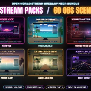 Puede incluir: Un paquete digital titulado Open World Stream Overlay Mega Bundle que incluye 6 paquetes de streaming y 60 escenas OBS. Los paquetes son Neon Vice, Coastline Heat, Wanted After Dark, Marina Glow, Everglades Run y Night Circuit, cada uno con superposiciones gr&aacute;ficas &uacute;nicas.