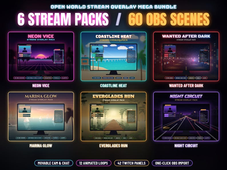 Puede incluir: Un paquete digital titulado Open World Stream Overlay Mega Bundle que incluye 6 paquetes de streaming y 60 escenas OBS. Los paquetes son Neon Vice, Coastline Heat, Wanted After Dark, Marina Glow, Everglades Run y Night Circuit, cada uno con superposiciones gr&aacute;ficas &uacute;nicas.
