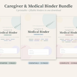 K&ouml;nnte beinhalten: Ein Caregiver & Medical Binder Bundle mit drei druckbaren und ausf&uuml;llbaren Ordner-Covern in sanften Pastellfarben. Jedes Cover zeigt den Text Caregiver & Medical Binder, einen sanften Organizer f&uuml;r die Pflege, und listet verschiedene medizinische Bereiche auf.