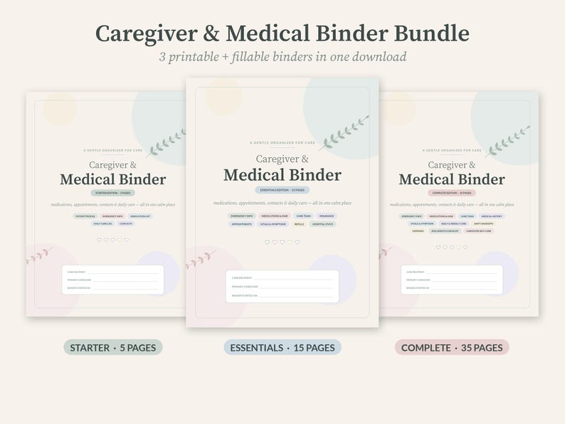 K&ouml;nnte beinhalten: Ein Caregiver & Medical Binder Bundle mit drei druckbaren und ausf&uuml;llbaren Ordner-Covern in sanften Pastellfarben. Jedes Cover zeigt den Text Caregiver & Medical Binder, einen sanften Organizer f&uuml;r die Pflege, und listet verschiedene medizinische Bereiche auf.