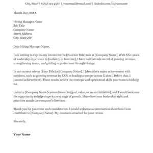 May include: A professional cover letter template featuring dark blue text on a white background. It includes placeholders for contact information, hiring manager details, and body paragraphs for a job application, ending with a formal sign-off.