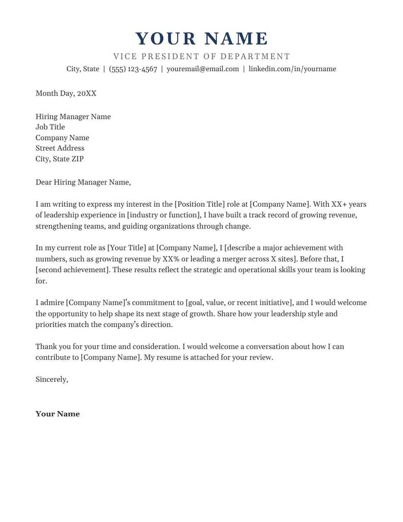 May include: A professional cover letter template featuring dark blue text on a white background. It includes placeholders for contact information, hiring manager details, and body paragraphs for a job application, ending with a formal sign-off.