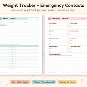 May include: A two-page printable pet care planner featuring a Weight Tracker with a 12-month chart and an Emergency Contacts sheet with fields for owners, vets, poison control, and insurance, all organised with pastel-coloured headers.