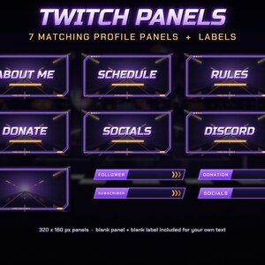 Może przedstawiać: Zestaw siedmiu fioletowo-czarnych prostokątnych paneli profilowych Twitch ze świecącymi obramowaniami i etykietami tekstowymi, takimi jak About Me, Schedule, Rules, Donate, Socials i Discord, oraz czterema mniejszymi prostokątnymi etykietami dla obserwujących i subskrybent&oacute;w.