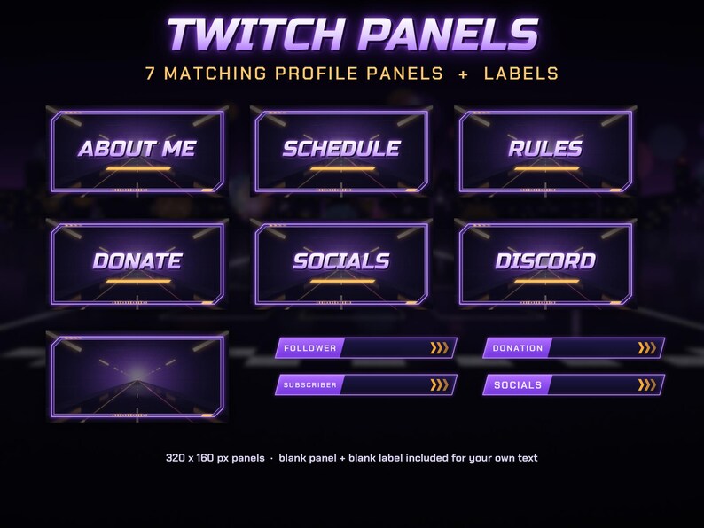 Może przedstawiać: Zestaw siedmiu fioletowo-czarnych prostokątnych paneli profilowych Twitch ze świecącymi obramowaniami i etykietami tekstowymi, takimi jak About Me, Schedule, Rules, Donate, Socials i Discord, oraz czterema mniejszymi prostokątnymi etykietami dla obserwujących i subskrybent&oacute;w.