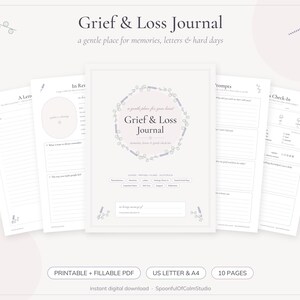 May include: A Grief & Loss Journal printable PDF set featuring ten pages with prompts, check-ins, and letter templates. The cover page displays the title Grief & Loss Journal inside a lavender floral wreath with space for a name.