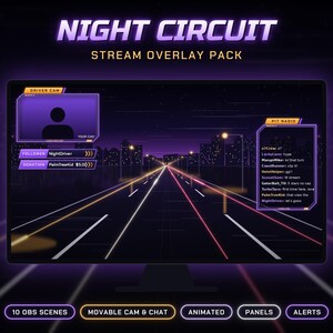 Puede incluir: Un paquete de superposici&oacute;n de transmisi&oacute;n Night Circuit en un monitor de computadora. El dise&ntilde;o presenta un esquema de colores p&uacute;rpura y naranja con un fondo de carretera, un marco de c&aacute;mara de conductor, un chat de radio y etiquetas de texto.